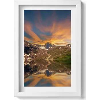 Obraz Obraz s rámem a grafikou na zeď Horské jezero a západ slunce 20x30 cm