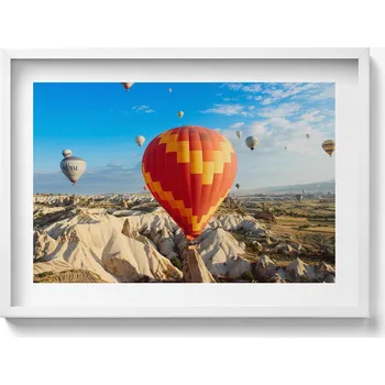 Obraz Dekorativní nástěnný obraz v bílém rámu s grafikou Létající balóny 70x50 cm