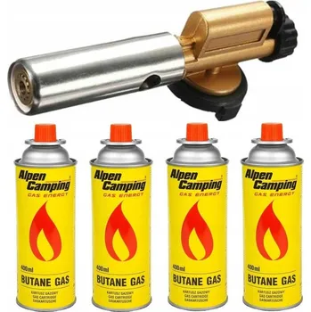 Turistický vařič PLYNOVÝ HOŘÁK LITINOVÝ KOVOVÝ NA KARTUŠE MOSAZ PÁJECÍ LAMPA + 5 PLYNOVÝCH KARTUŠÍ