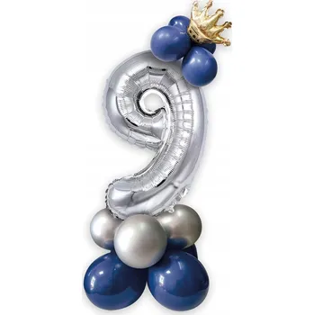 Balónek SADA BALÓNKŮ STŘÍBRNÝ BALÓN ČÍSLICE S KORUNKOU 9