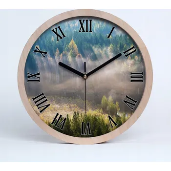 Hodiny Nástěnné dřevěné hodiny s motivem mlhy v lese, průměr 25 cm