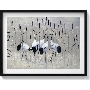 Obraz Ozdobný nástěnný obraz v černém rámu do obýváku Jeřábi v rákosí 80x60 cm