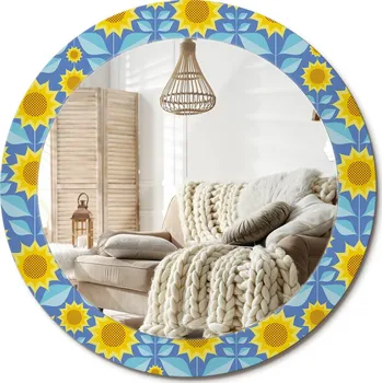 Zrcadlo Nástěnné zrcadlo s grafikou na skle, průměr 70 cm - Geometrické slunečnice