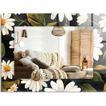 Zrcadlo Nástěnné zrcadlo s ozdobnou grafikou na skle Bílé sedmikrásky listy 80x60 cm