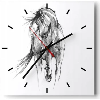 Hodiny Velké nástěnné hodiny na zeď 40x40 Kůň Skleněné hodiny Čtvercové Tiché