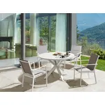 Venkovní jídelní set černý hliník 4místný kulatý stůl 110 cm lamelové židle s šedými polštáři Beliani