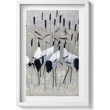 Obraz Dekorativní nástěnný obraz v bílém rámu s grafikou Jeřábi v rákosí 40x60 cm