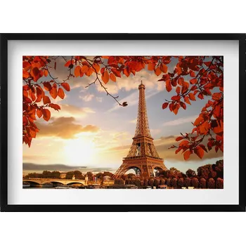 Obraz Elegantní obraz v černém rámu - Eiffelova věž mezi listím, 70x50 cm