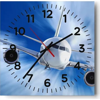 Hodiny Velké nástěnné hodiny na zeď 40x40 Letadlo Skleněné hodiny Čtvercové Tiché