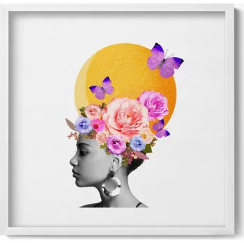 Obraz Obraz grafika v bílém rámu Hlava ženy s květinami a motýly 50x50 cm