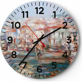 Hodiny Nástěnné hodiny do obýváku 40x40 Motiv Přístav Moře Kulatý Skleněné hodiny Loft Tiché
