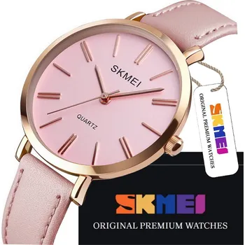 Hodinky ELEGANTNÍ DÁMSKÉ HODINKY SKMEI S KOŽENÝM ŘEMÍNKEM, ANALOGOVÉ, RŮŽOVÉ ZLATO