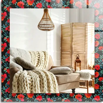 Zrcadlo Čtvercové nástěnné dekorativní zrcadlo s možností montáže vertikálně i horizontálně, motiv Maki (květy), 60x60 cm