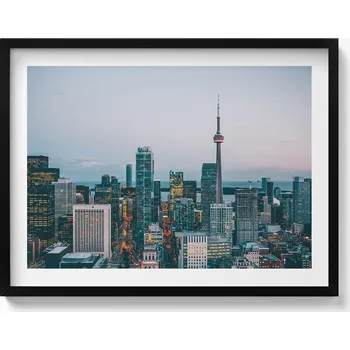 Obraz Dekorace, obraz s grafikou v krásném rámu - Panorama města večer, 80x60 cm