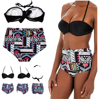 Dámské plavky DVOUDÍLNÉ PLAVKY S VYSOKÝM PASEM NA BAZÉN A PLÁŽ ČERNÉ S KOSTICEMI M