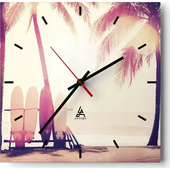 Hodiny Velké nástěnné hodiny na zeď 40x40 Surfing Skleněné hodiny Čtvercové Tiché