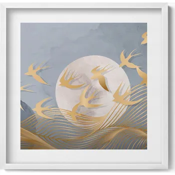 Obraz Nástěnný obraz v bílém rámu Ilustrace měsíce a letících ptáků 50x50 cm