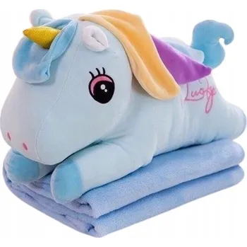 plyšák Jednorožec velký modrý plyšová hračka s dekou XXL