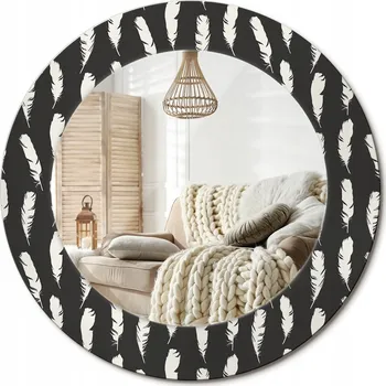Zrcadlo Zrcadlo s potiskem do koupelny ložnice obývacího pokoje fi 50 cm Černobílé peří