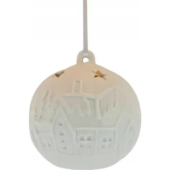 Vánoční dekorace VÁNOČNÍ KOULE KERAMICKÁ BÍLÁ LED ZIMNÍ DOMEČEK