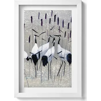 Obraz Ozdobný nástěnný obraz s grafikou v bílém rámu Jeřábi v rákosí 20x30 cm