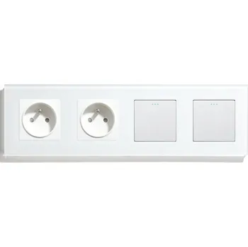 vypínač SKLENĚNÝ RÁMEČEK ČTYŘNÁSOBNÝ 4F 299 mm 2x KLÁVESOVÝ SPÍNAČ + 2x ZÁSUVKA