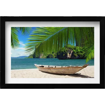 Obraz Závěsný obraz na zeď dekorace do domu Loďka na pláži pod palmou 30x20 cm