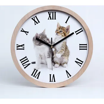 Hodiny Tichá nástěnná dřevěná hodiny dva malé kočky průměr 30 cm