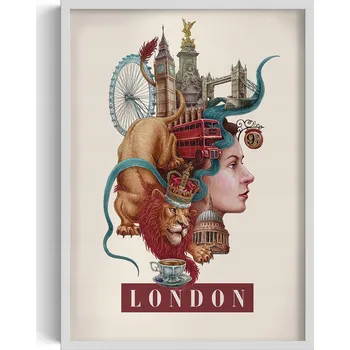 Obraz Nástěnný obraz rám Retro styl Londýn Big Ben Tower Bridge Lev Autobus 50x70