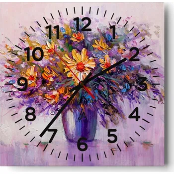 Hodiny Kuchyňské nástěnné hodiny 30x30 Květiny Váza Skleněné hodiny do obýváku Tiché