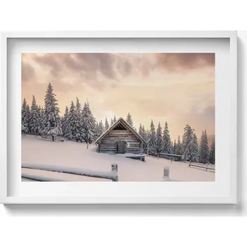 Obraz Nástěnný obraz v rámu - Zimní krajina s horskou chatou při západu slunce, 70x50 cm