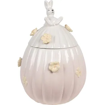Dóza na potraviny Růžová keramická nádoba s víčkem ve tvaru velikonočního vajíčka se zajíčkem a kvítky – 16x23 cm