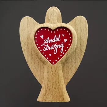 AMADEA Dřevěný anděl s vkladem - srdíčko s textem Anděl strážný, masivní dřevo, výška 11 cm, český výrobek