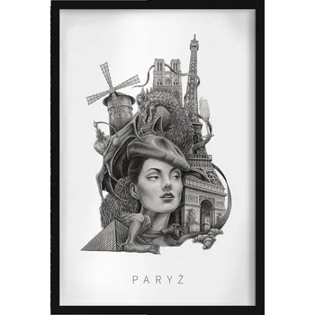 Obraz Obraz grafika v rámu Černobílý Paříž Eiffelova věž Moulin Rouge 40x60 cm