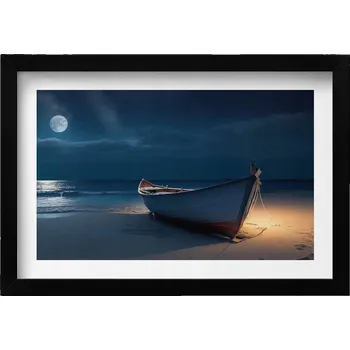 Obraz Nástěnný obraz v černém rámu s grafikou Loďka na břehu pláže v noci 30x20 cm