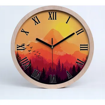 Hodiny Velké dřevěné nástěnné hodiny horská krajina průměr 30 cm