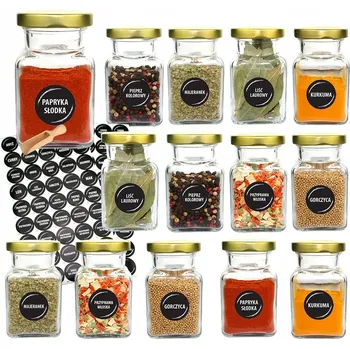 Sklenice Sklenice na koření 150 ml x 14 ks se zlatým uzávěrem a 90 etiketami