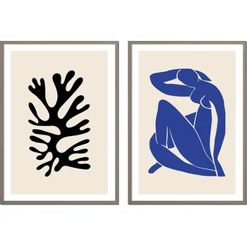 Obraz DYPTYCH Sada 2 OBRAZŮ V RÁMU béžové PRL žena postava vesnice P2566_43x53