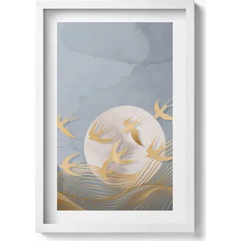Obraz Stylový obraz v bílém rámu - Ilustrace měsíce a letících ptáků 40x60 cm