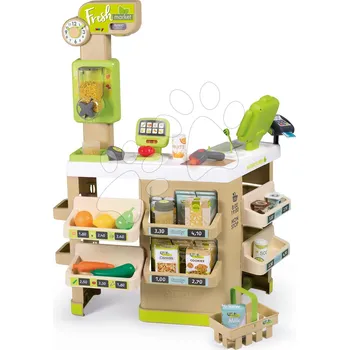 Dětská kuchyňka Smoby Obchod Bio Ovoce-Zelenina Organic Fresh Market s dávkovačem cereálií a elektronický skener se 43 doplňky zelená