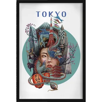 Obraz Stylový obraz v rámu Tokio Tokyo Tower Hora Fudži Drak Višňový květ 40x60 cm