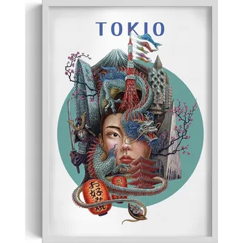 Obraz Stylový obraz v rámu Tokio Tokyo Tower Hora Fudži Drak Višňový květ 50x70 cm