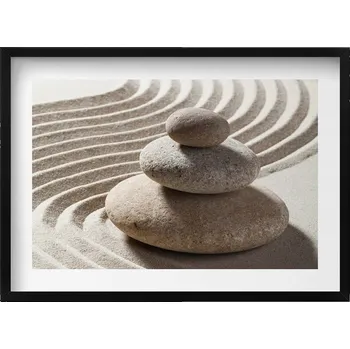 Obraz Dekorativní nástěnný obraz v černém rámu – Kameny na písku zen 70x50 cm