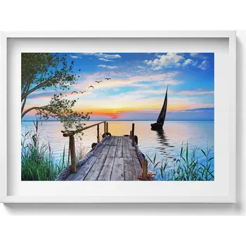 Obraz Dekorativní nástěnný obraz s rámem a grafikou loft Plachetnice na jezeře 70x50 cm