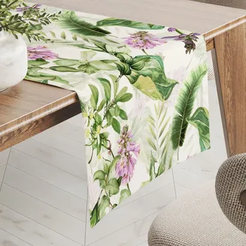 ubrus Sametový běhoun na stůl Tamara TMR-035 Fialové zvonky s listy na bílém 20x120 cm