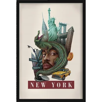 Obraz Grafika v rámu Retro styl New York Socha Svobody Brooklynský most 40x60 cm