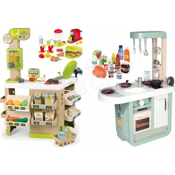 Dětská kuchyňka Set obchod Bio Ovoce-Zelenina Organic Fresh Market Smoby a elektronická kuchyňka s vaflovačem mixérem kávovarem a potravinami