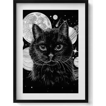 Obraz Dekorativní nástěnný obraz v černém rámu Magická černá kočka a vesmír 50x70 cm