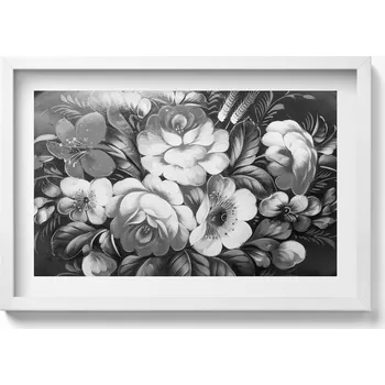 Obraz Dekorativní nástěnný obraz v bílém rámu s grafikou Květiny černo-bílé 60x40 cm