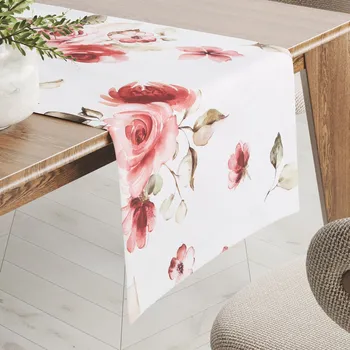 ubrus Teflonový běhoun na stůl TF-023 Červené růže na bílém 20x140 cm